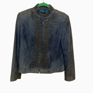 Lafayette 148 New York blue beaded suede blazer jacket zip front 10